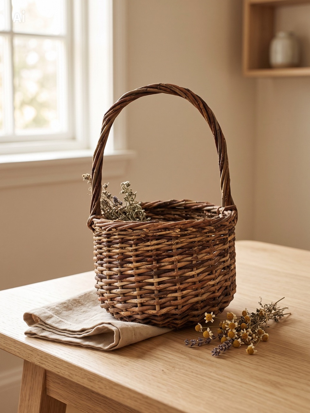 Vintage Cottage Core Farmhouse Woven Wicker Round Handled Basket in Natural Brow